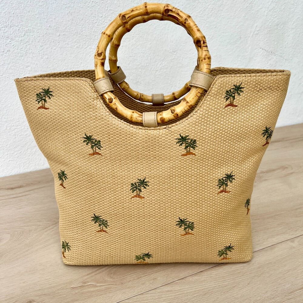 Vintage 80s Sunny Hawaii Embroidered Straw Bamboo Top-Handle Lrg Tote Bag Purse